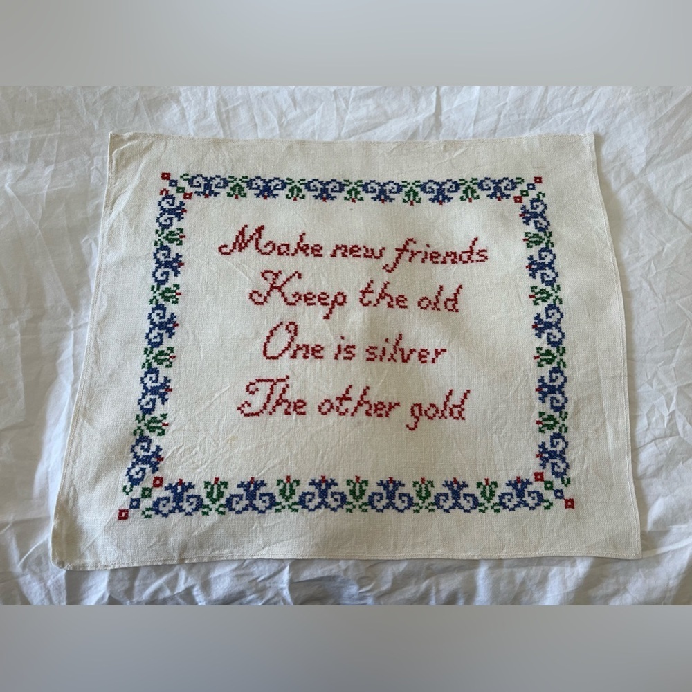 Vintage Finished Cross Stitch Sampler On Linen | Friends Gold Silver